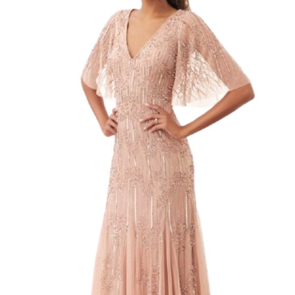 NWT Adrianna Papell 40395 Beaded Mesh Formal Gown Rose Gold Size 8 - Picture 1 of 6